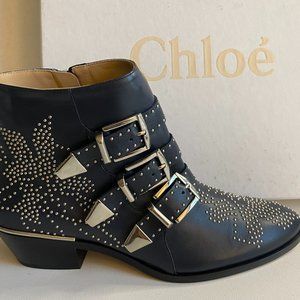 NWT Chloe Susanna Leather Studded Bootie, Sz EU 37/US 7, Abyss Blue/Silver
